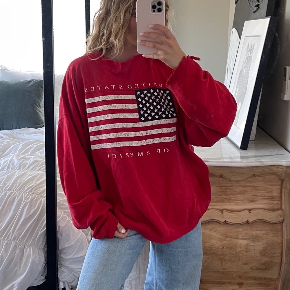 Vintage Galt Sand Cotton Blend USA American Flag Crewneck Sweatshirt Size XL‎
